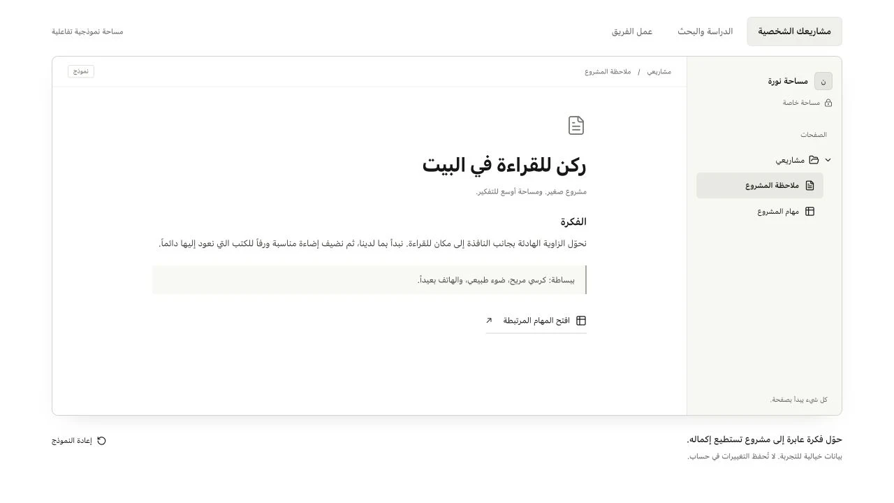 نموذج مساحة العمل العامة في فكرة، يعرض ملاحظة مشروع ببيانات خيالية