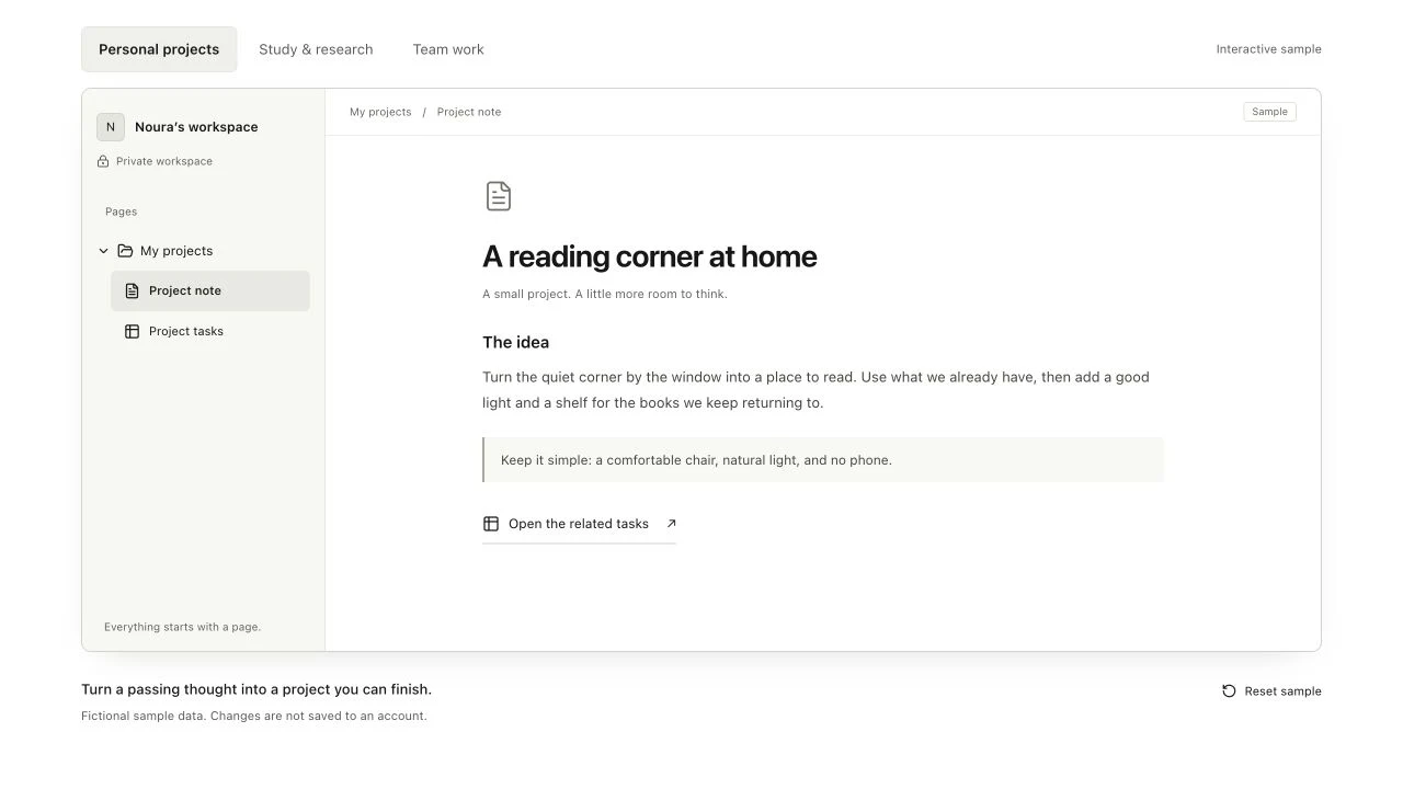 Fikra’s public workspace demo showing a project note with fictional sample content